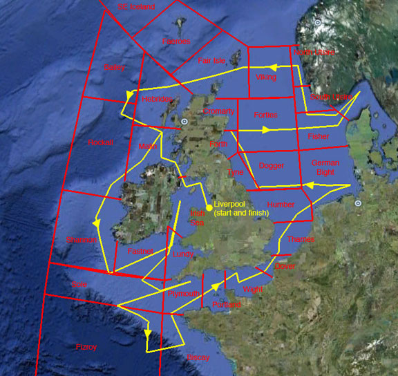 Map of the planned route of Discovery Cruise D366, and the BBC shipping forecast sea areas