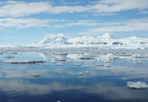 Scene of ice-covered mountains and sea ice