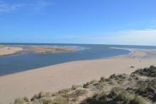 Ythan estuary (Scotland) entering the North Sea, with sand dunes on the right side of the estuary and sunbathing seals on the left