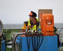 Ben Poole operates the double barrel capston to aid recovery of the sediment traps