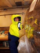 Laura Hepburn wrapped up warm and working on her sediment samples