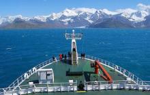 The ANDREX team approach the subantarctic island of South Georgia onboard the RRS James Cook